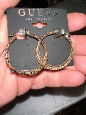 GUESS Shimmering Gold Textured Hoop Earrings new